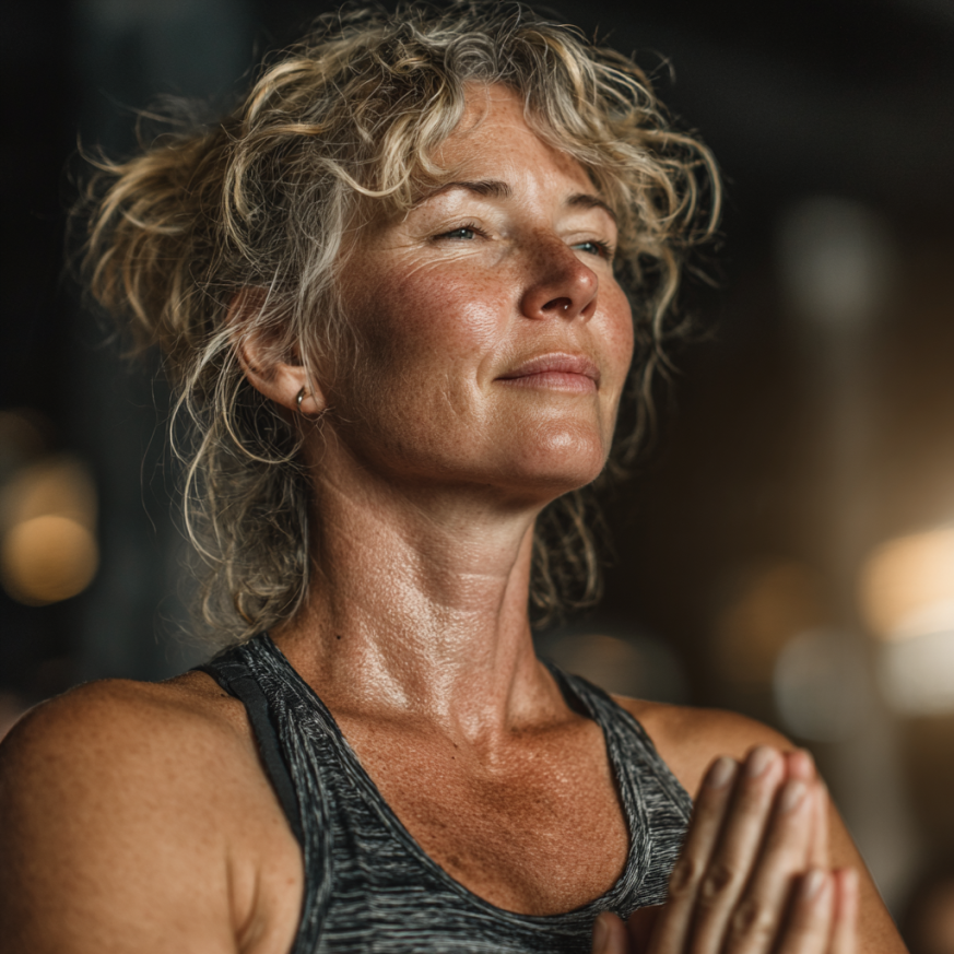 Gruppo di adulti maturi praticando yoga in un ambiente sereno e naturale