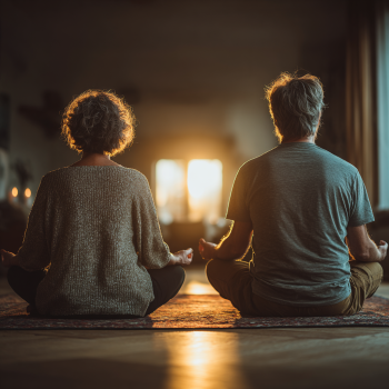 Donna matura in posizione yoga serena circondata da un ambiente tranquillo